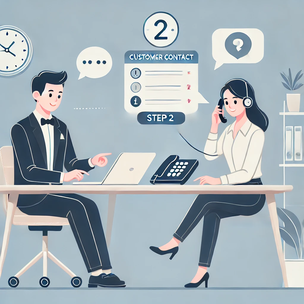 DALL·E 2025-03-19 14.38.31 - Step 2_ Customer Contact - An illustration of a professional customer success manager sitting at a desk, using a laptop and phone to contact a custome.webp