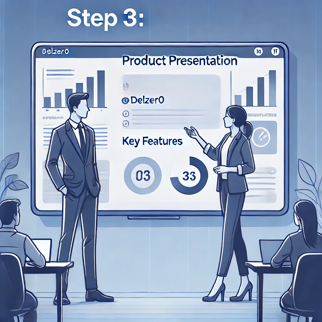 DALL·E 2025-03-19 14.38.38 - Step 3_ Product Presentation - An illustration of a professional presenter standing in front of a large screen, showcasing DelZer0 software to an inte.webp