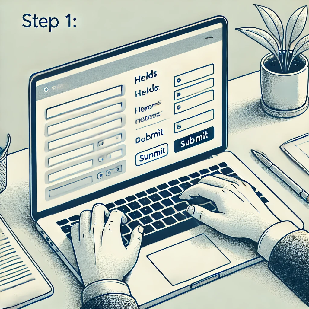 DALL·E 2025-03-19 14.38.25 - Step 1_ Filling Out a Form - An illustration of a person sitting at a desk, typing on a laptop keyboard while filling out an online form. The form has.webp